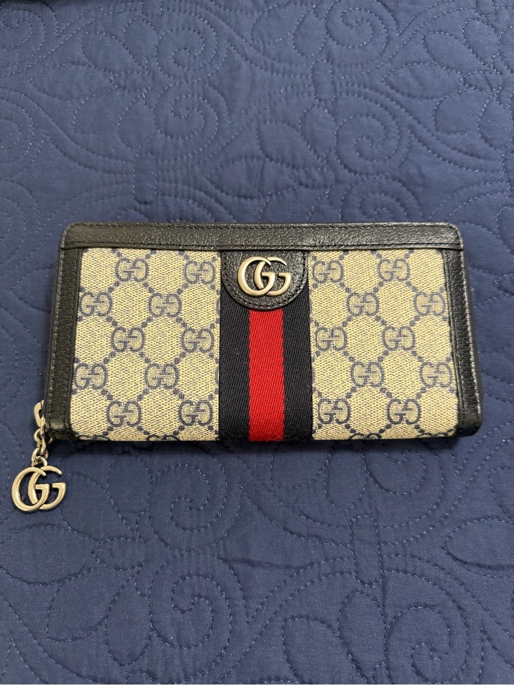 Gucci Beige GG Canvas Zip Wallet with Red and Navy Web Stripe